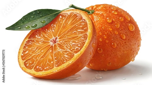 A Juicy Orange Sliced Open Showing Its Vibrant Interior with Water Droplets and a Green Leaf