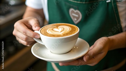 Barista Serving a Delicious Latte with Heart Design Coffee Art in a Cozy Cafe Setting