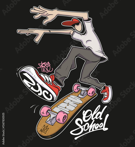 Skater jumping, riding skateboard. Young cool man, trick and stunt on skate board, movement in airwith slogan in graffiti style