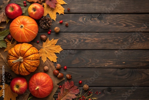 Autumn Harvest Scene with Pumpkins Apples and Fall Leaves on Wooden Background Thanksgiving Decorations