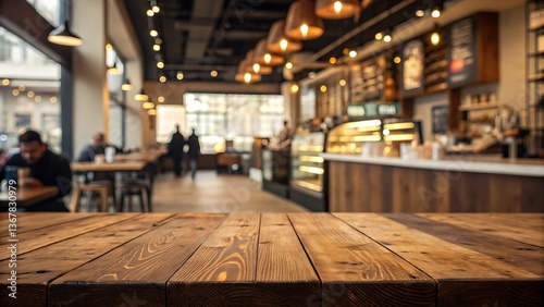 Rustic Wooden Tabletop in a Cozy and Busy Coffee Shop Setting