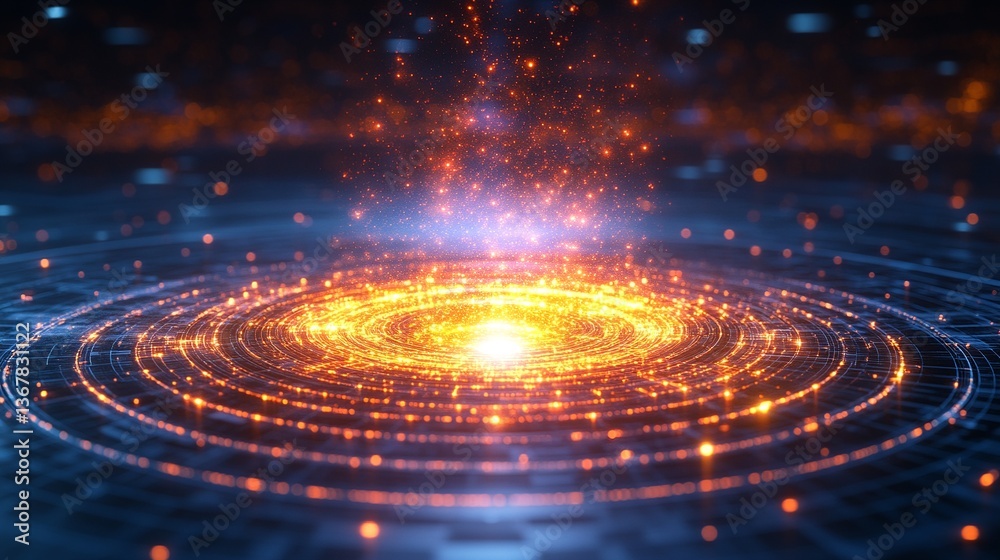 Fototapeta premium A swirling vortex of orange light is shown against a dark blue background