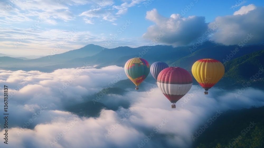 Fototapeta premium Colorful Hot Air Balloons Over Misty Mountains (1)