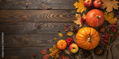 Autumn Harvest Thanksgiving Background with Pumpkins Apples and Fall Leaves on Wooden Table