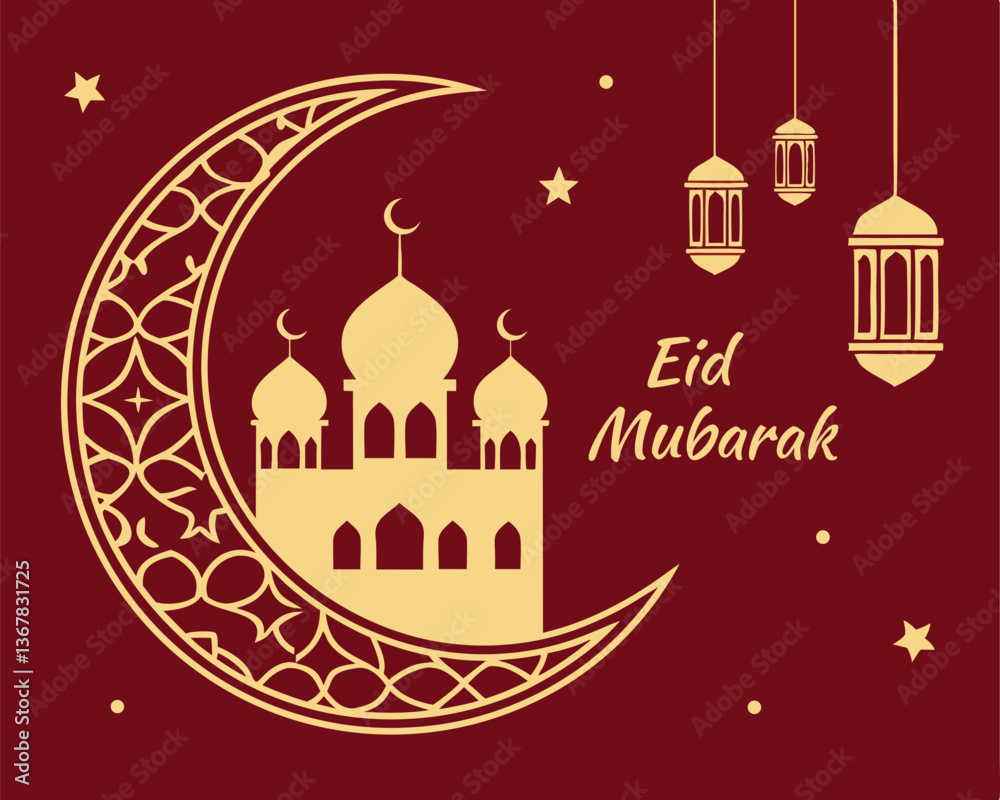 Elegant Maroon and Gold Eid Mubarak Design with Mosque and Crescent Moon. Elegant Maroon and Gold Eid Mubarak Design with Mosque and Crescent Moon.