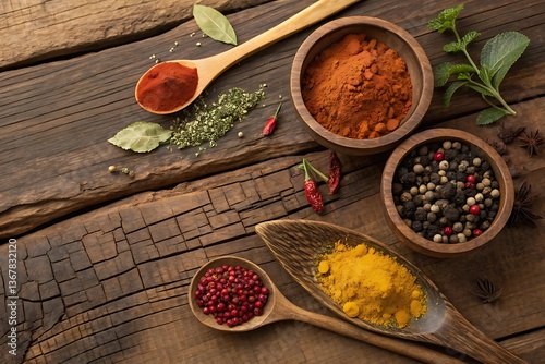 Aromatic Spices and Herbs on Rustic Wooden Background Cooking Ingredients
