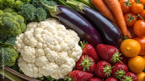 A Colorful Collection of Fresh Vegetables and Fruits Including Broccoli Cauliflower Eggplant Carrots Strawberries and Oranges