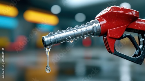 Close up view of a red fuel pump nozzle dispensing gasoline or diesel fuel at a service station  The metal nozzle is attached to a hose and pipe mechanism