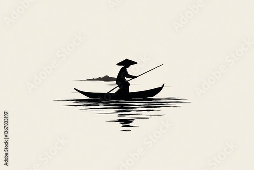 Minimalist Black and White Illustration of a Fisherman in a Boat