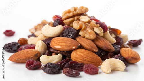 Mixed Nuts and Dried Fruits on White Background, Healthy Snack Trail Mix
