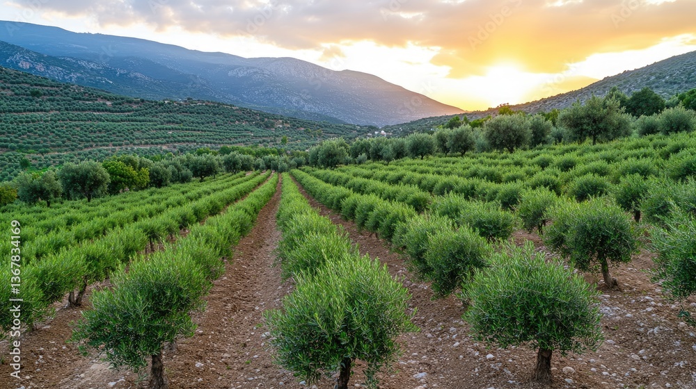 Sun sets behind mountains, illuminating endless rows of olive trees in vibrant green fields, creating a serene landscape Sun sets behind mountains, illuminating endless rows of olive trees in vibrant green fields, creating a serene landscape