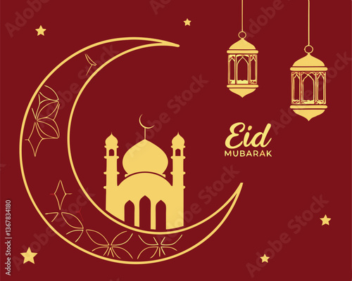 Elegant Maroon and Gold Eid Mubarak Design with Mosque and Crescent Moon.