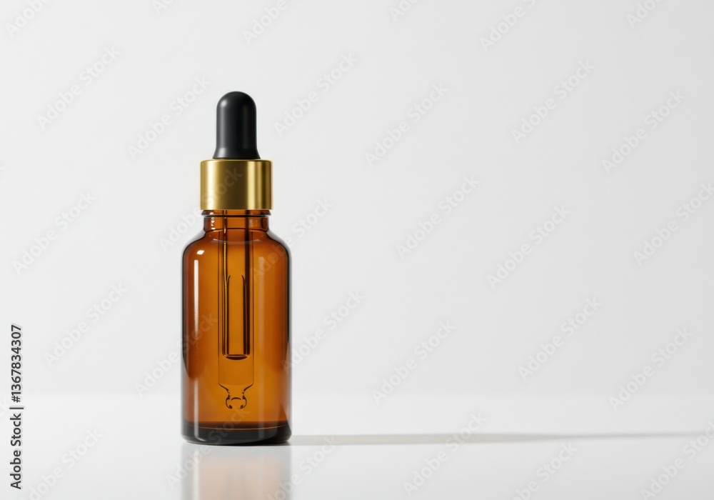 Amber bottle with dropper on white surface in studio light Amber bottle with dropper on white surface in studio light