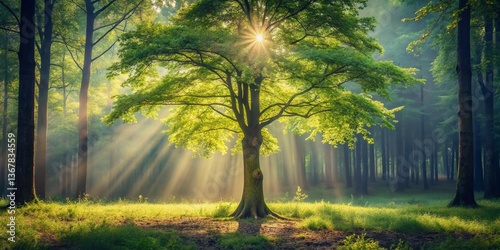 Minimalist Forest Scene: Single Tree in Sunlight, Nature Photography