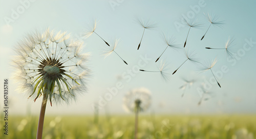 Serene dandelion seed dispersal scene with ethereal fluff drifting on the breeze