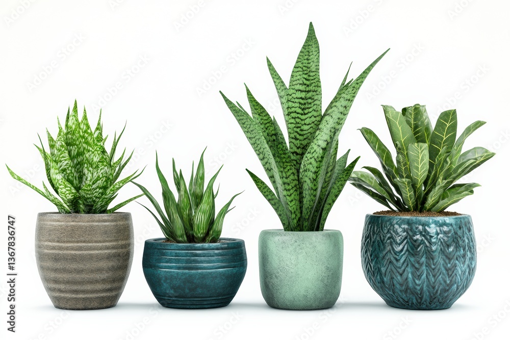 Elegant ceramic plant pots with greenery on a white background Elegant ceramic plant pots with greenery on a white background