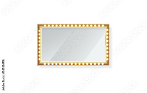 PNG makeup mirror light illuminating dressing corner with bright bulb and rectangle glasses beside poster, booklet, web illuminated frame in transparent vector illustration background colours abstract