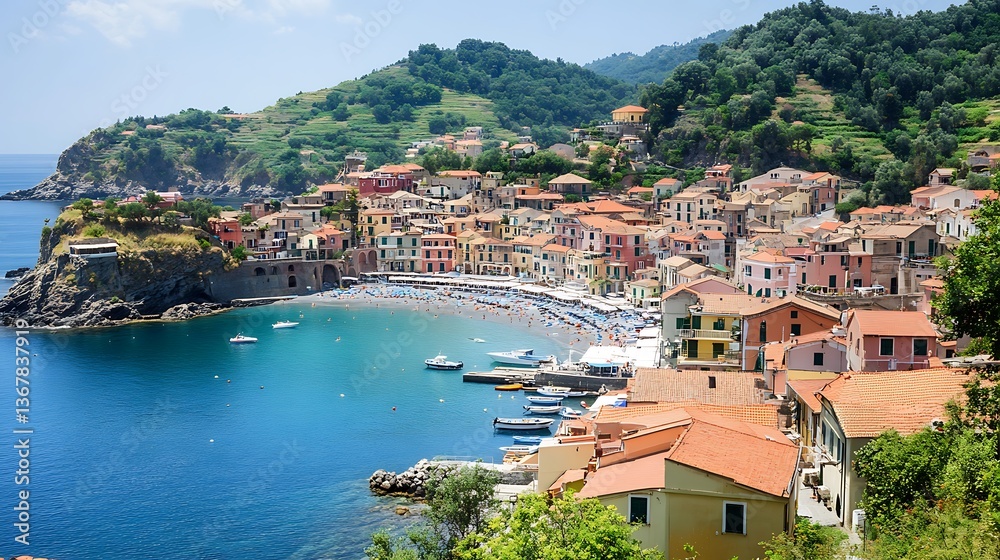 Obraz premium Picturesque Coastal Village in Italy: A Stunning View of Colorful Buildings, Azure Waters, and a Sandy Beach