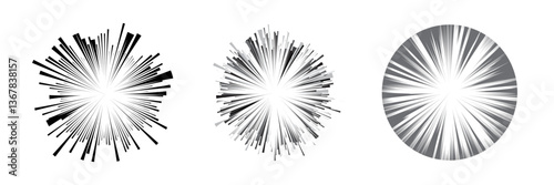 Set of circles made of black lines from center as manga comic speed effect, explosion or radial bursts. Vector illustration.