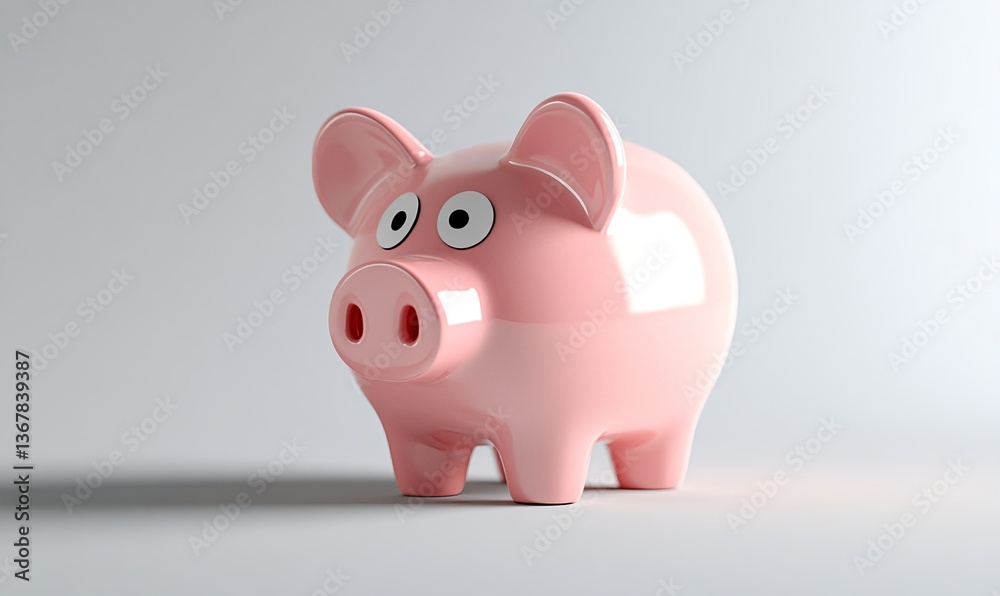 A minimalistic pink piggy bank with dot eyes on a grey background featuring soft shadows A minimalistic pink piggy bank with dot eyes on a grey background featuring soft shadows