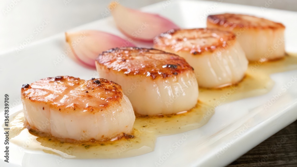 Seared Scallops with Butter Sauce on White Plate, Gourmet Seafood Dish for Fine Dining
Seared Scallops with Butter Sauce on White Plate, Gourmet Seafood Dish for Fine Dining
