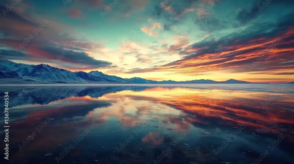 Obraz premium Stunning mountain and water reflection at sunset; calm, scenic vista.