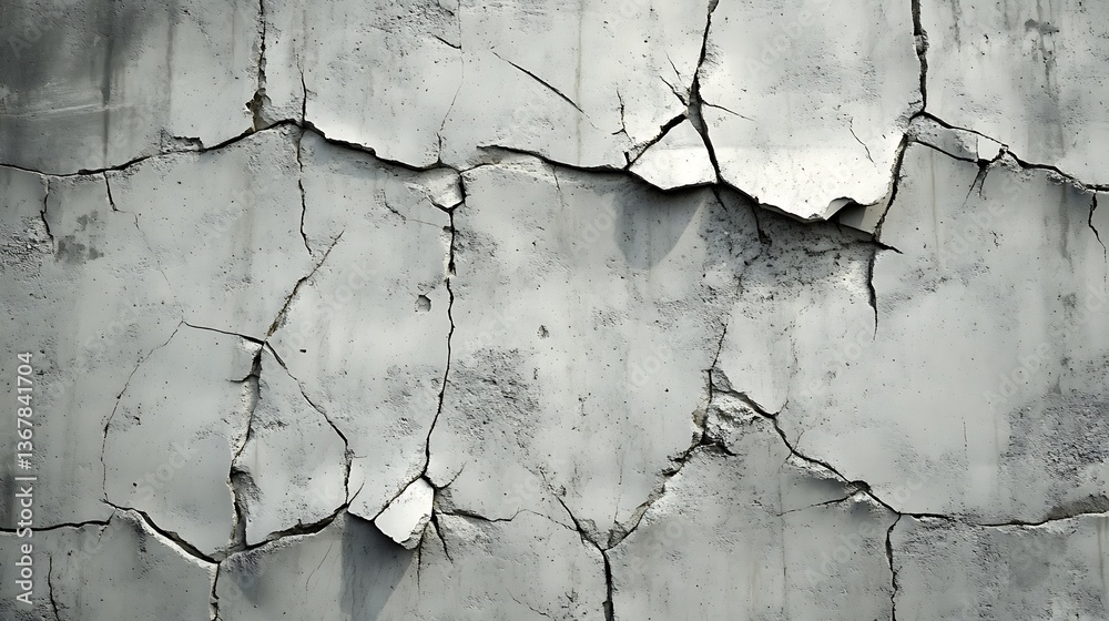 Fototapeta premium Aged and cracked concrete wall, deep fissures and exposed inner materials