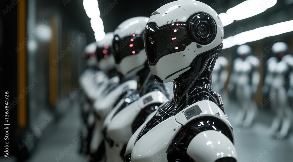 Fototapeta premium Robots in formation at high-tech facility showcasing advanced artificial intelligence technology