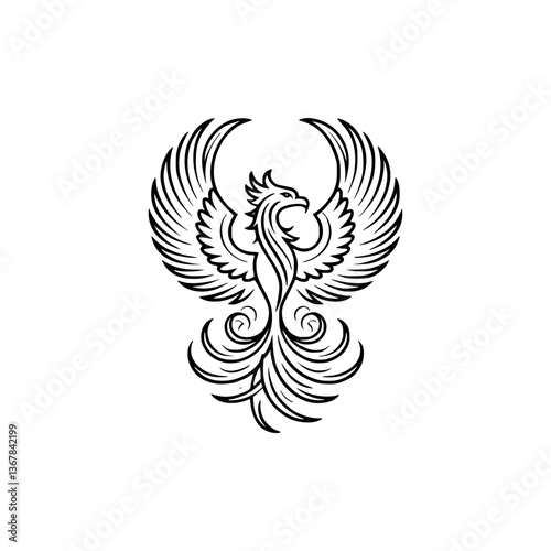 Stylized Phoenix Illustration with Shadow - Elegant Line Art