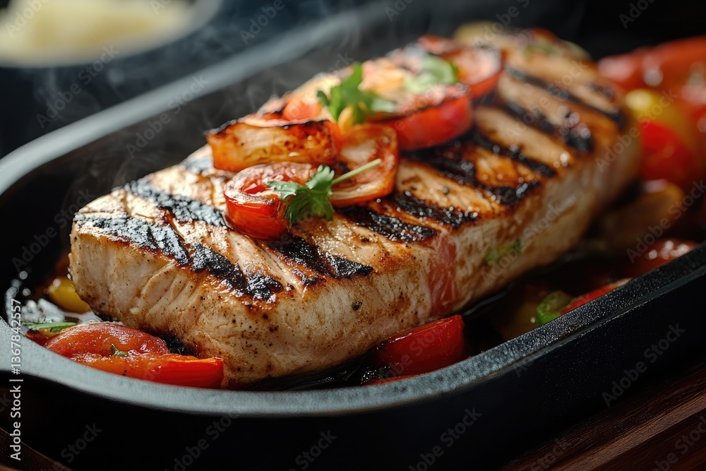 A plate filled with grilled salmon and vegetables A plate filled with grilled salmon and vegetables