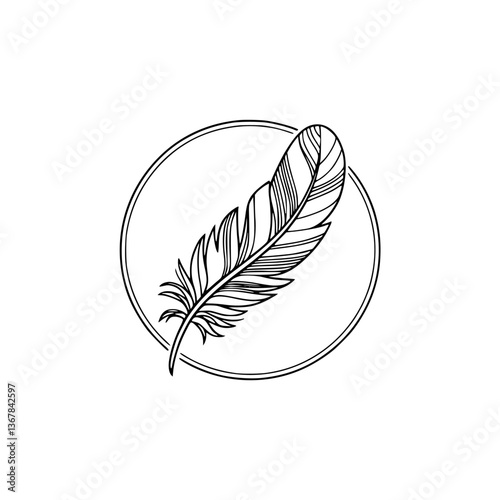 Elegant Feather Logo: Minimalist Pen and Ink Design in Circle