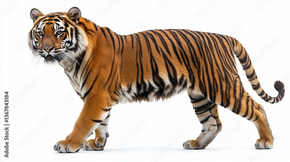 Obraz premium Majestic Bengal tiger walking gracefully on a plain white background.