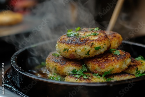 A sizzling plate of bubble and squeak cakes with sausage