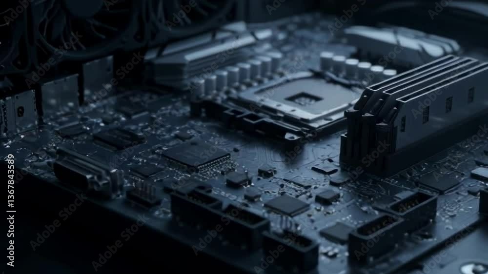 Computer motherboard rotating, showing CPU, RAM and other components Computer motherboard rotating, showing CPU, RAM and other components
