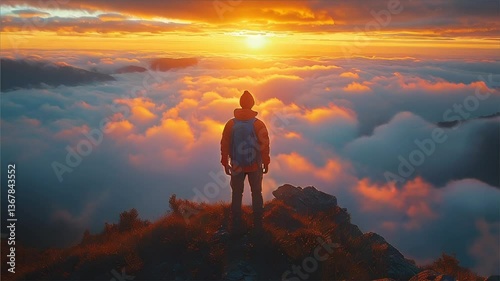 Adventurous man on top of the mountain during a vibrant sunset and clouds