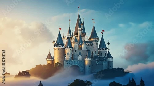 Enchanted castle surrounded by clouds and mist during sunset in a fantastical landscape of magical beauty