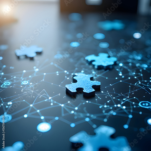 Blue glowing holographic figures, symbolizing family unity, interconnected by puzzle pieces on a dark background. Technology and education merge, suggesting relationships and systems