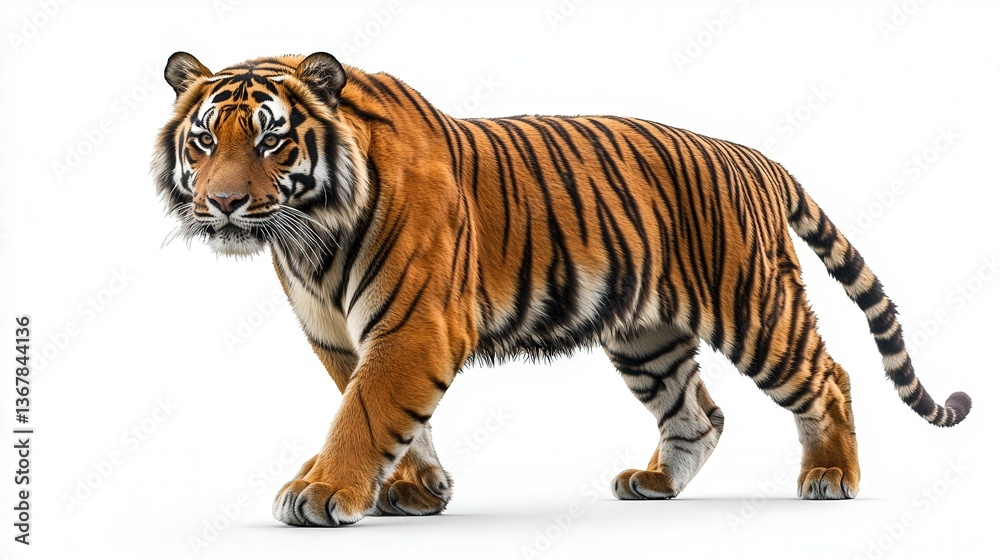 Obraz premium Majestic Bengal tiger with rich orange and black stripes walking gracefully.