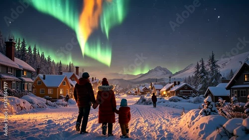 Family enjoys stunning winter night under vibrant northern lights in snowy village