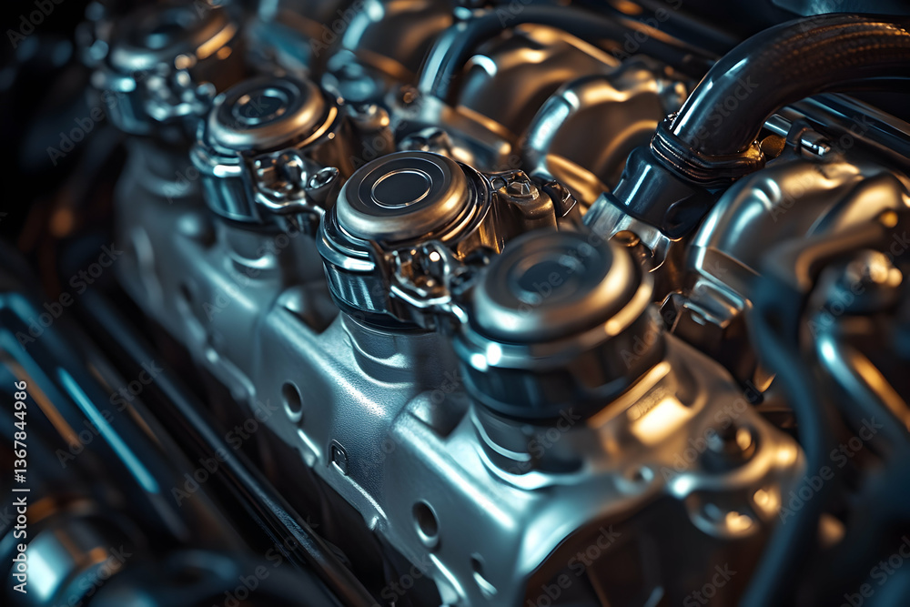 Fototapeta premium Close-up of shiny metallic engine components and car machinery details