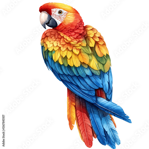 A watercolor painting of a macaw, isolated on a white background. Macaw vector.

