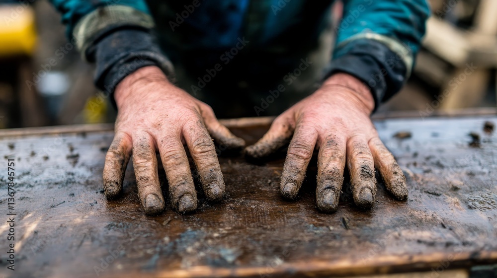 Close-up view highlights weathered hands with wrinkles and calluses, resting on a rough wooden surface, reflecting years of hard work and dedication in life Close-up view highlights weathered hands with wrinkles and calluses, resting on a rough wooden surface, reflecting years of hard work and dedication in life