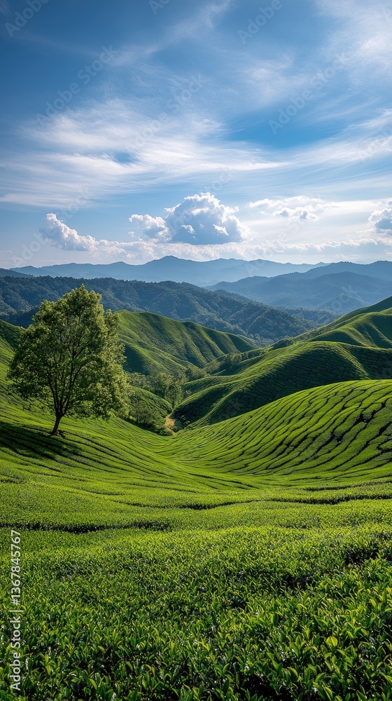 Naklejka premium Expansive tea fields stretch across rolling hills under a vibrant blue sky, creating a calm and peaceful atmosphere