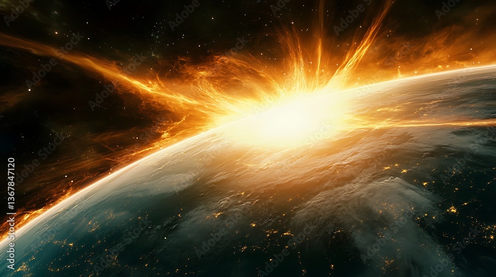 Obraz premium Cosmic Dawn: A Fiery Sunrise Over Earth