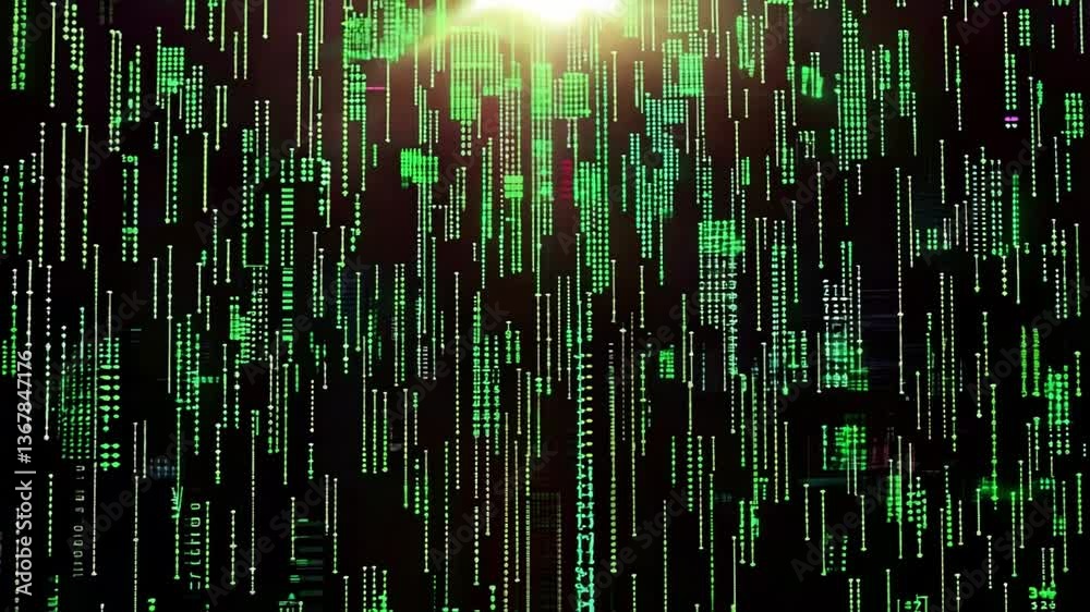 Futuristic Digital Matrix Visual with Glowing Light Rays and Green Data Streams Against Dark Background Futuristic Digital Matrix Visual with Glowing Light Rays and Green Data Streams Against Dark Background