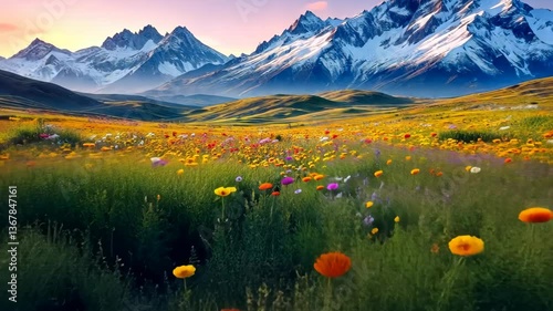 Majestic mountain meadow at sunrise with colorful wildflowers and snowcapped peaks