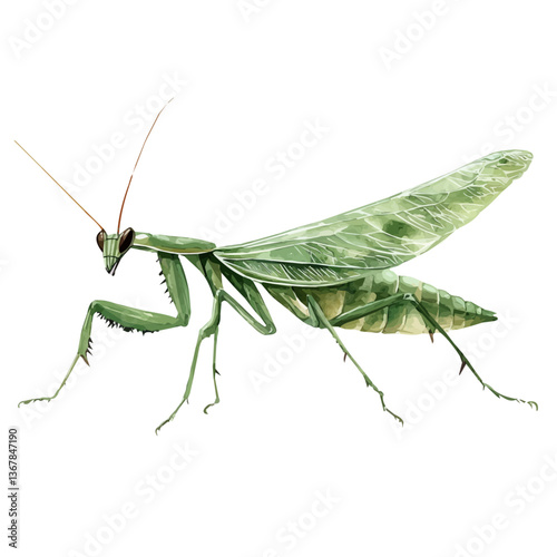 A watercolor painting of a mantis, isolated on a white background. Mantis vector.

