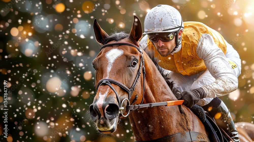 Fototapeta premium Skilled and determined equestrian rider competing on a powerful and majestic racehorse during a thrilling winter sports event with snow and cold weather conditions