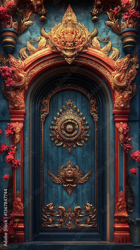 Fototapeta premium Ornate Blue Door with Gold Carvings and Red Flowers