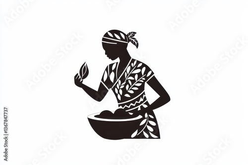 Elegant Minimalist Black and White Logo of a Woman Harvesting Shea
